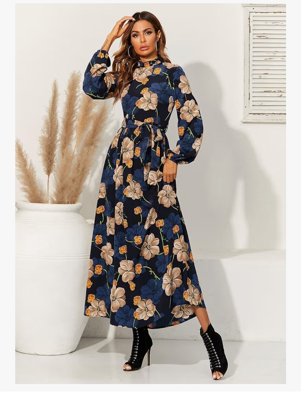 Navy Floral Long Sleeve Maxi Dress